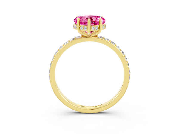 Yellow gold Heart Cut Pink Sapphire Solitaire Ring with Pavé Band and Hidden Halo