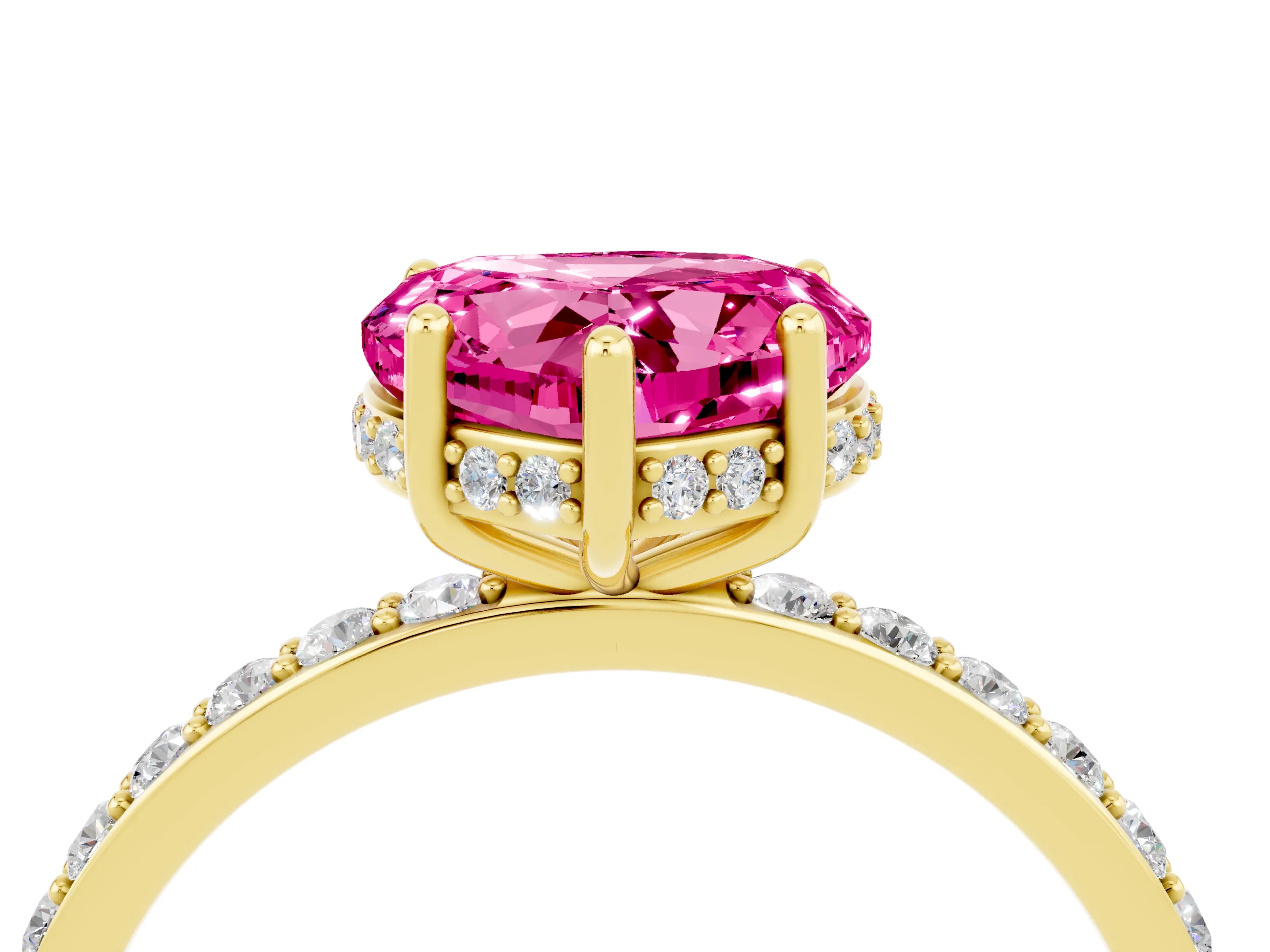 Yellow gold Heart Cut Pink Sapphire Solitaire Ring with Pavé Band and Hidden Halo_16