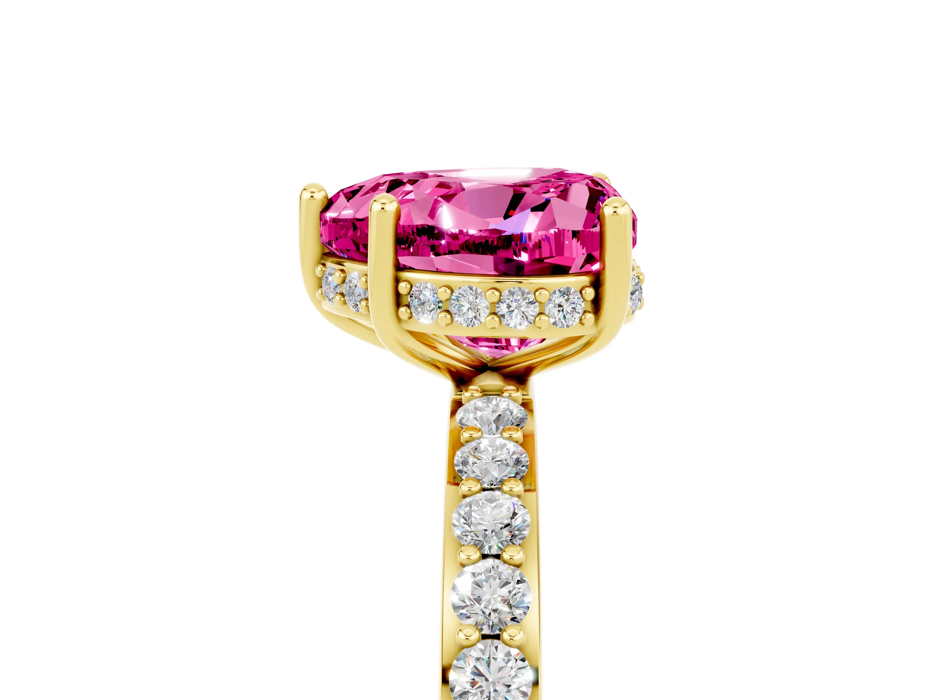 Yellow gold Heart Cut Pink Sapphire Solitaire Ring with Pavé Band and Hidden Halo_17