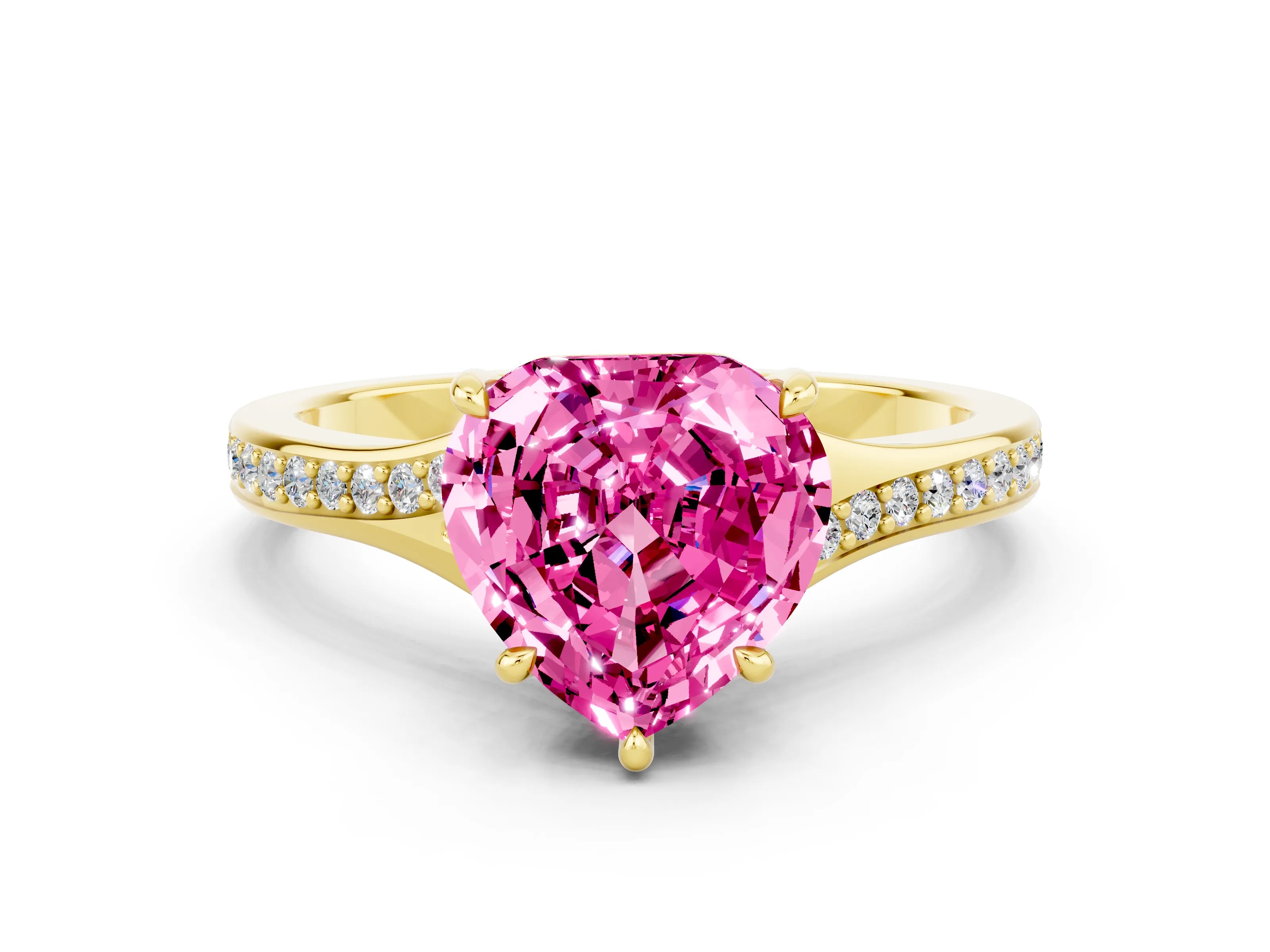 Yellow gold Heart Cut Pink Sapphire Solitaire Ring with Pavé Band and Prong Setting