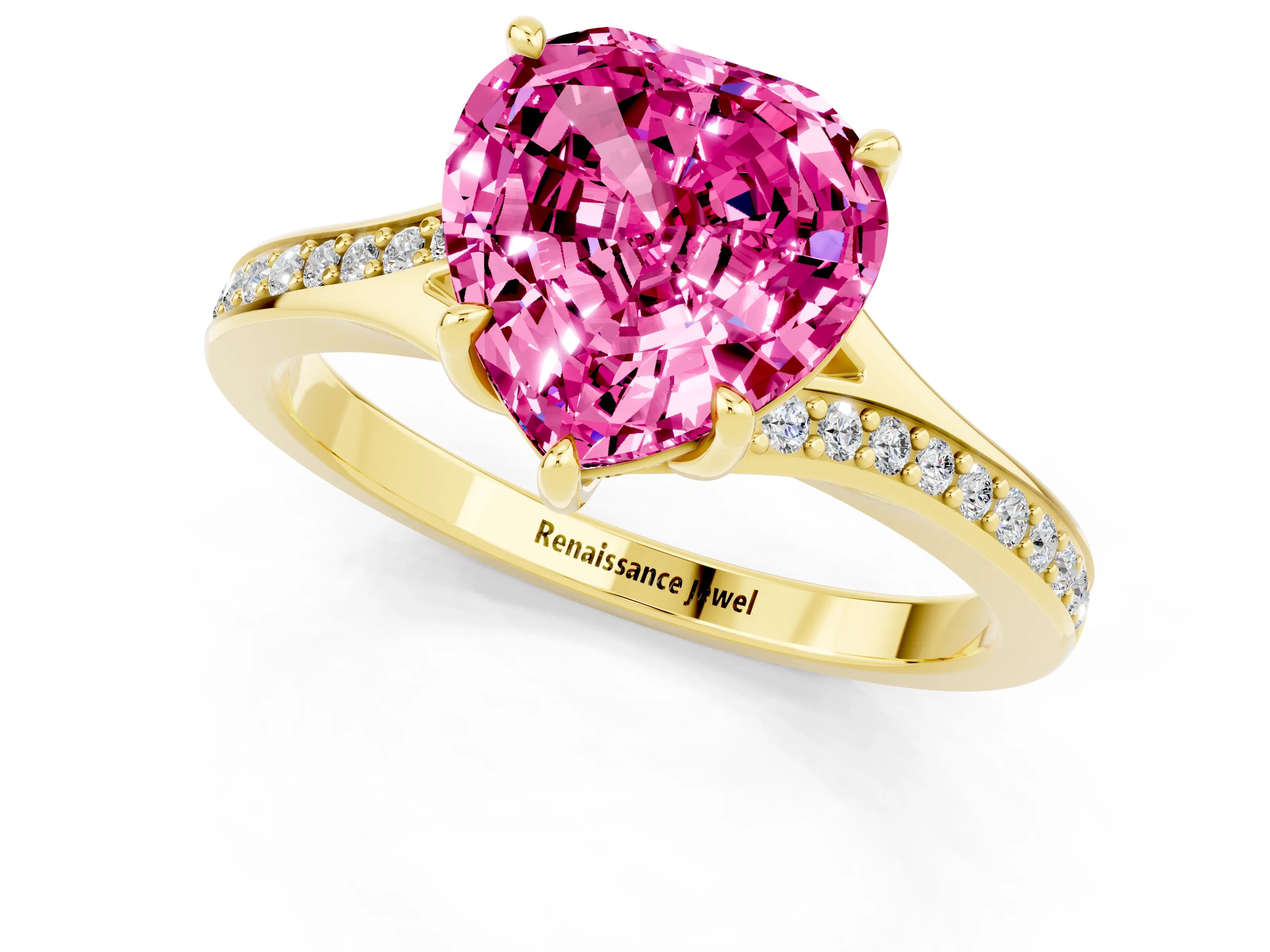 Yellow gold Heart Cut Pink Sapphire Solitaire Ring with Pavé Band and Prong Setting_13
