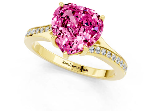 Yellow gold Heart Cut Pink Sapphire Solitaire Ring with Pavé Band and Prong Setting_13