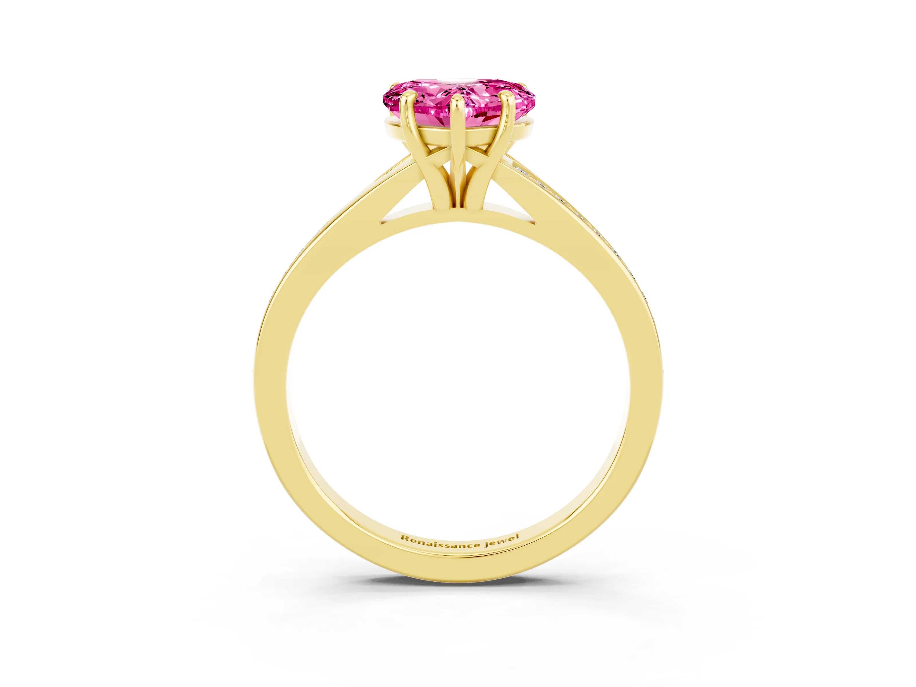 Yellow gold Heart Cut Pink Sapphire Solitaire Ring with Pavé Band and Prong Setting_15