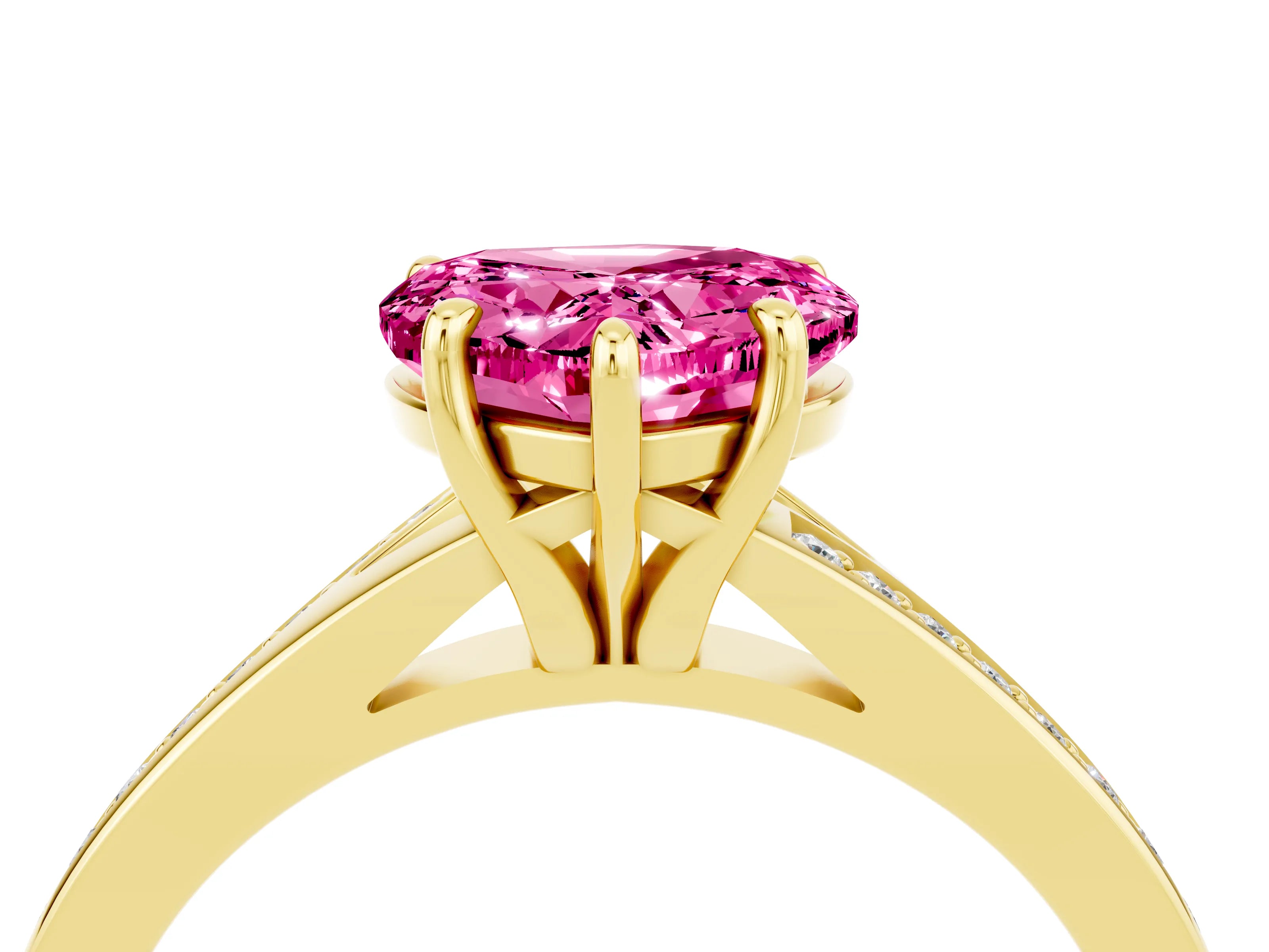 Yellow gold Heart Cut Pink Sapphire Solitaire Ring with Pavé Band and Prong Setting_16