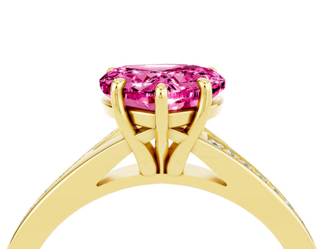 Yellow gold Heart Cut Pink Sapphire Solitaire Ring with Pavé Band and Prong Setting_16
