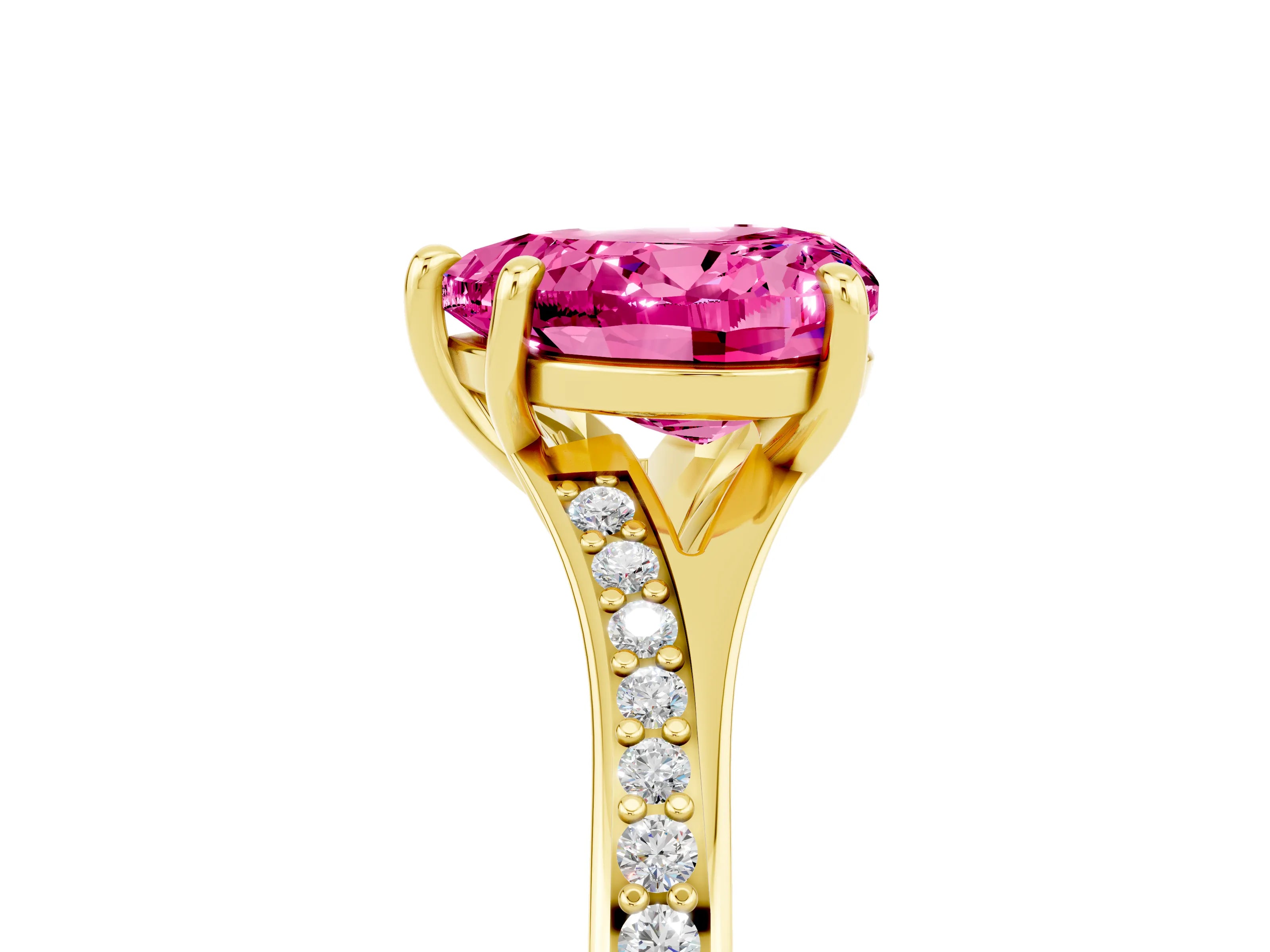 Yellow gold Heart Cut Pink Sapphire Solitaire Ring with Pavé Band and Prong Setting_17