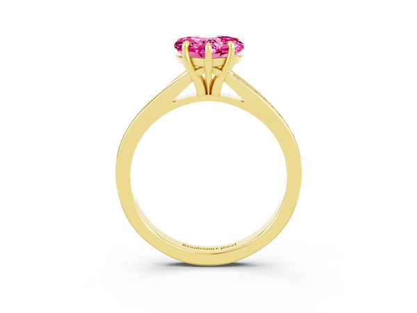 Yellow gold Heart Cut Pink Sapphire Solitaire Ring with Pavé Band and Prong Setting