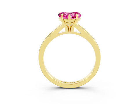 Yellow gold Heart Cut Pink Sapphire Solitaire Ring with Pavé Band and Prong Setting_3
