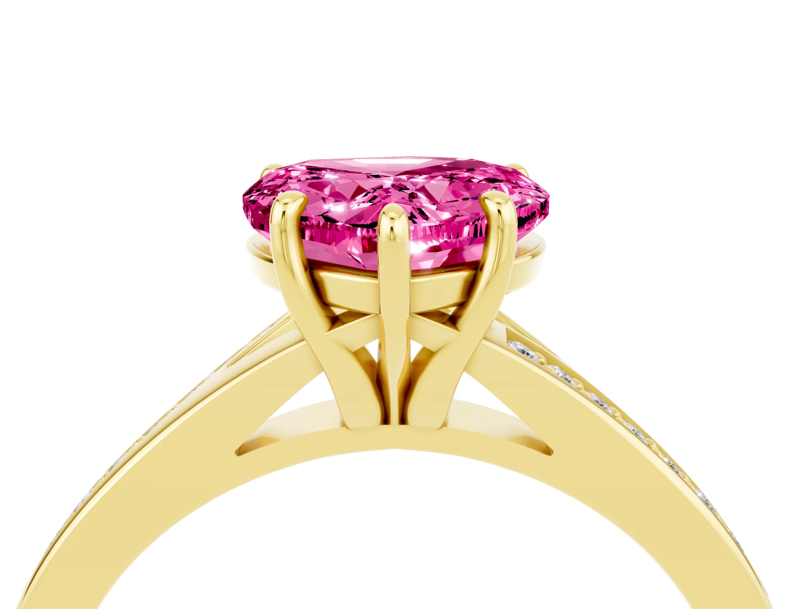 Yellow gold Heart Cut Pink Sapphire Solitaire Ring with Pavé Band and Prong Setting_4