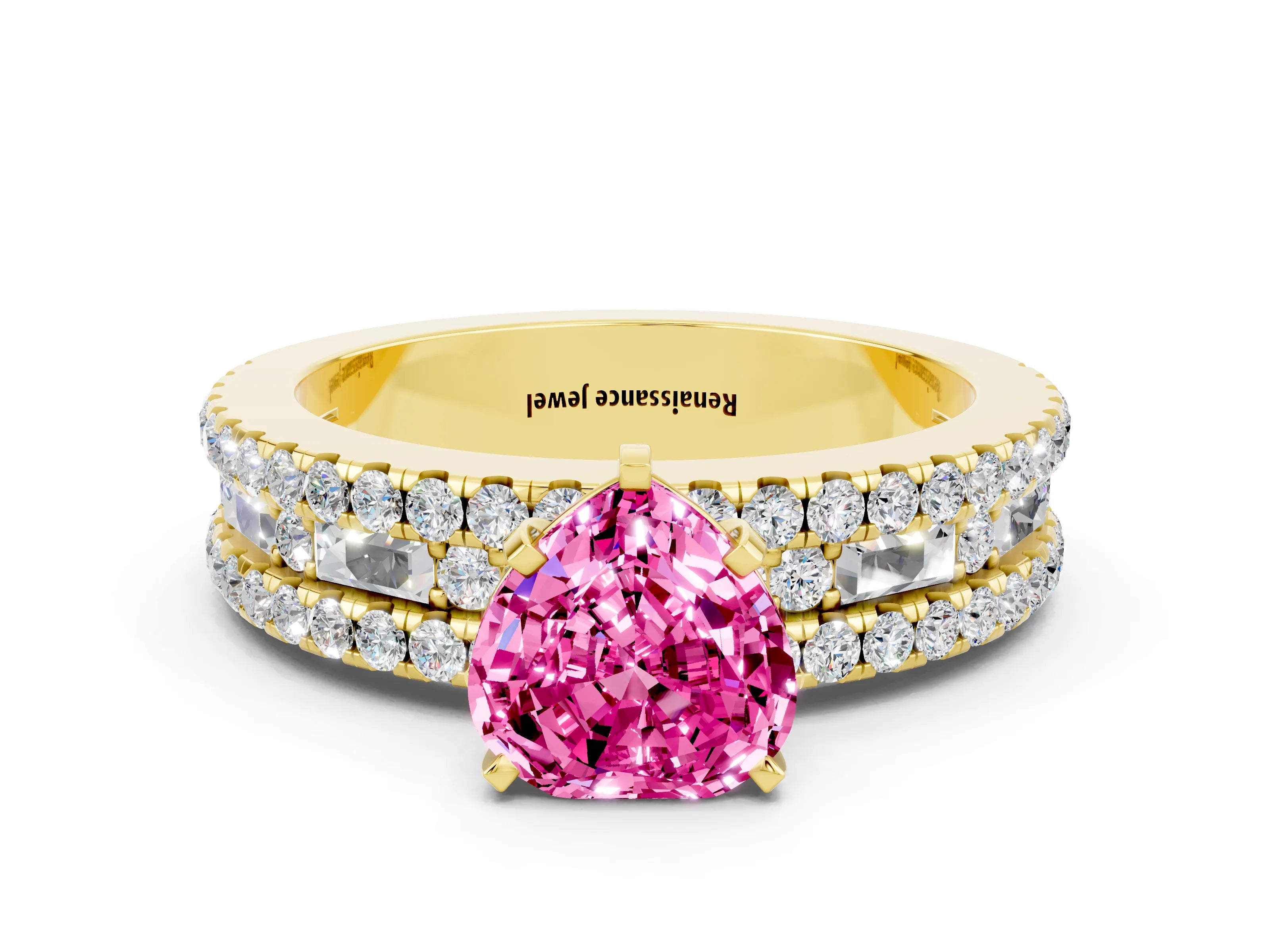 Yellow gold Heart Cut Pink Sapphire Solitaire Ring with Pavé and Channel Set Band_36