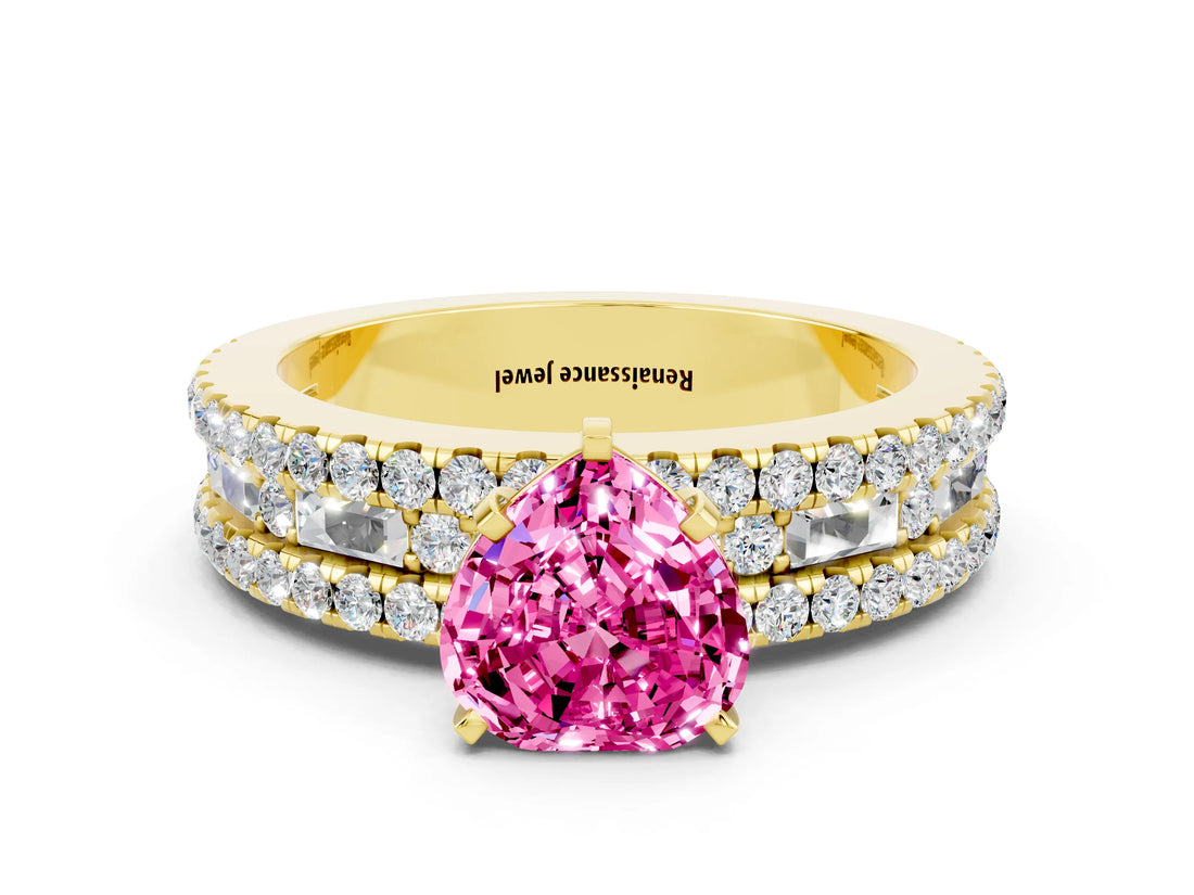 Yellow gold Heart Cut Pink Sapphire Solitaire Ring with Pavé and Channel Set Band_36