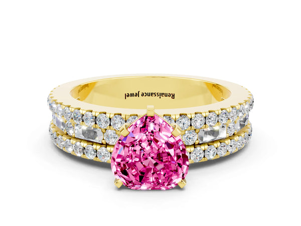 Yellow gold Heart Cut Pink Sapphire Solitaire Ring with Pavé and Channel Set Band