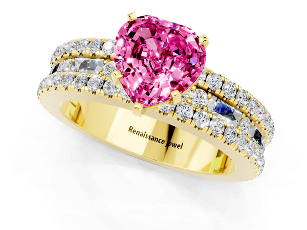 Yellow gold Heart Cut Pink Sapphire Solitaire Ring with Pavé and Channel Set Band