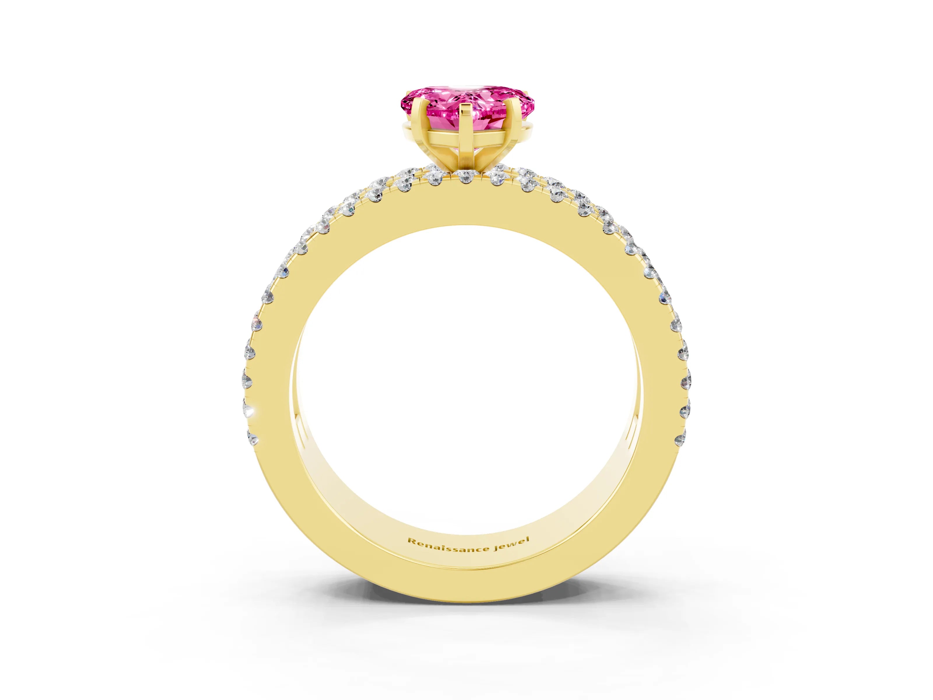Yellow gold Heart Cut Pink Sapphire Solitaire Ring with Pavé and Channel Set Band_39