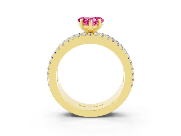 Yellow gold Heart Cut Pink Sapphire Solitaire Ring with Pavé and Channel Set Band