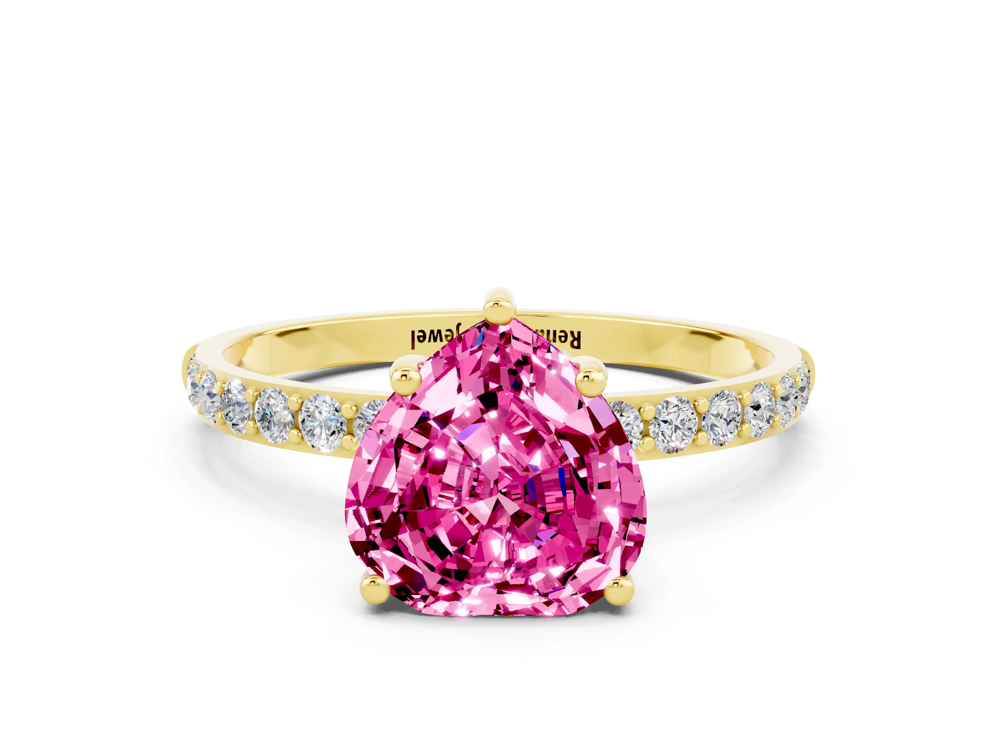 Yellow gold Heart Cut Pink Sapphire Solitaire Ring with Pave Band and Four Prong Setting_48