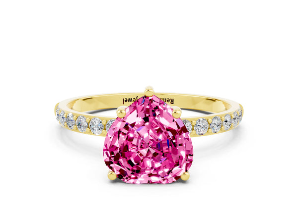 Yellow gold Heart Cut Pink Sapphire Solitaire Ring with Round  Pavé Band and Prong Setting