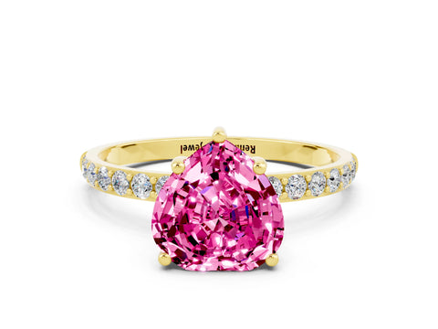 Yellow gold Heart Cut Pink Sapphire Solitaire Ring with Pave Band and Four Prong Setting_48