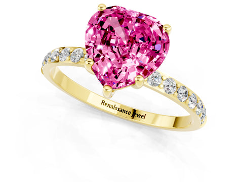 Yellow gold Heart Cut Pink Sapphire Solitaire Ring with Pave Band and Four Prong Setting_49