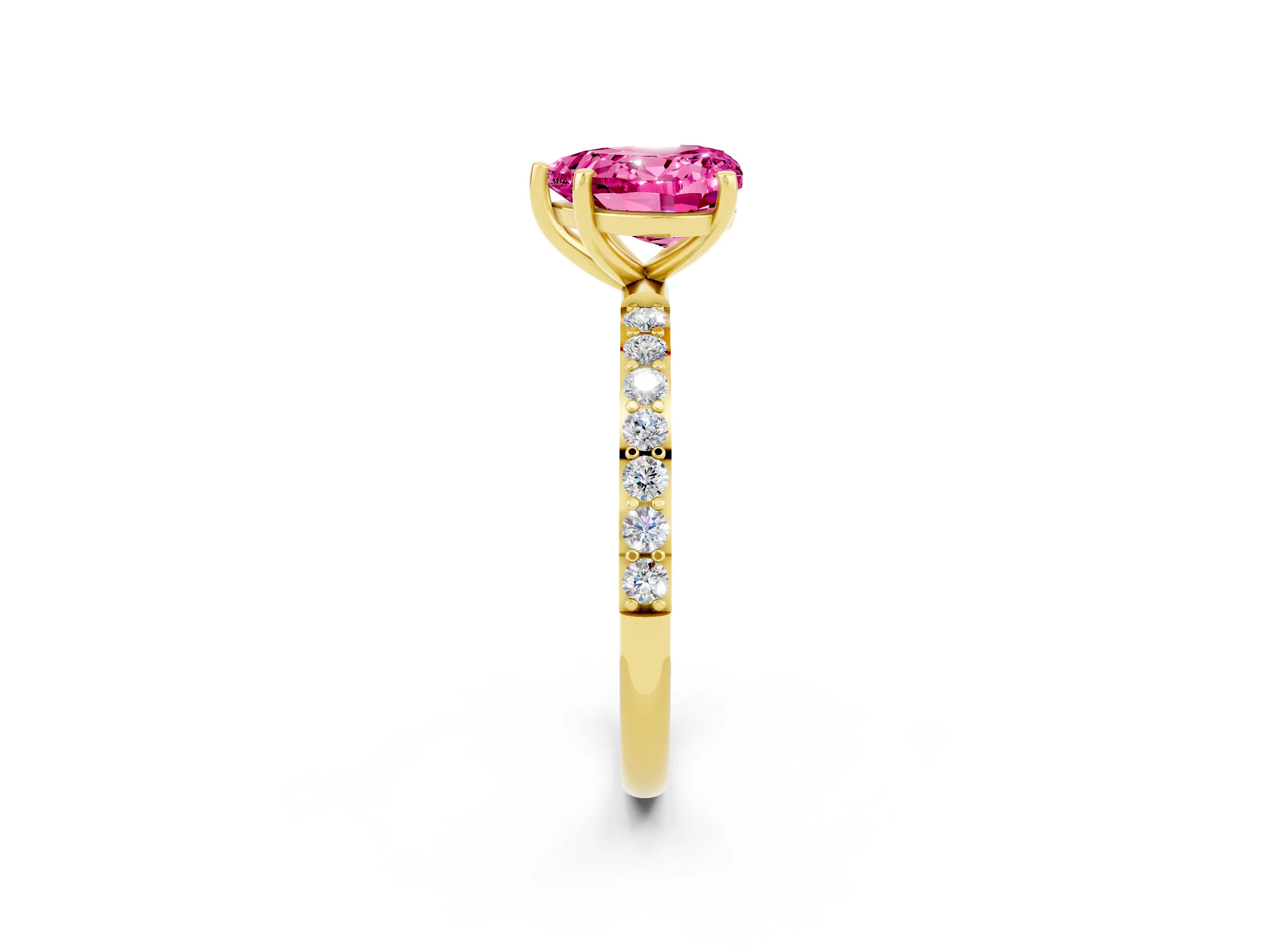 Yellow gold Heart Cut Pink Sapphire Solitaire Ring with Pave Band and Four Prong Setting_50