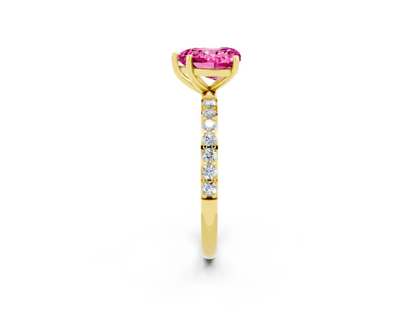 Yellow gold Heart Cut Pink Sapphire Solitaire Ring with Round  Pavé Band and Prong Setting