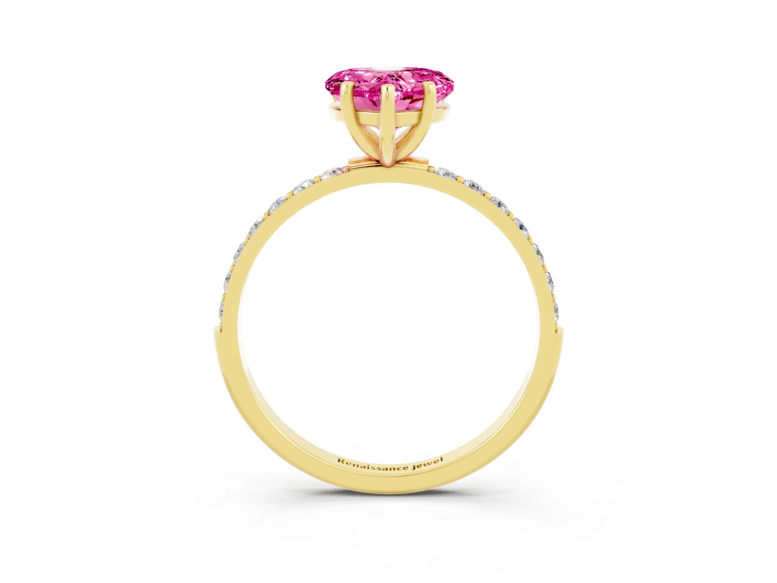 Yellow gold Heart Cut Pink Sapphire Solitaire Ring with Pave Band and Four Prong Setting_51