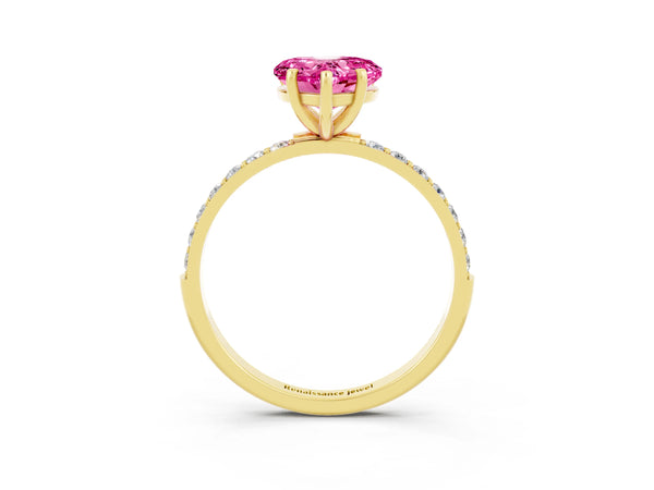 Yellow gold Heart Cut Pink Sapphire Solitaire Ring with Round  Pavé Band and Prong Setting