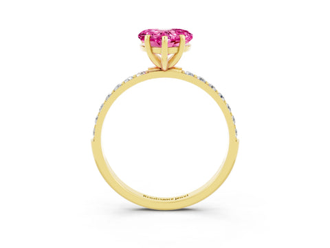 Yellow gold Heart Cut Pink Sapphire Solitaire Ring with Pave Band and Four Prong Setting_51