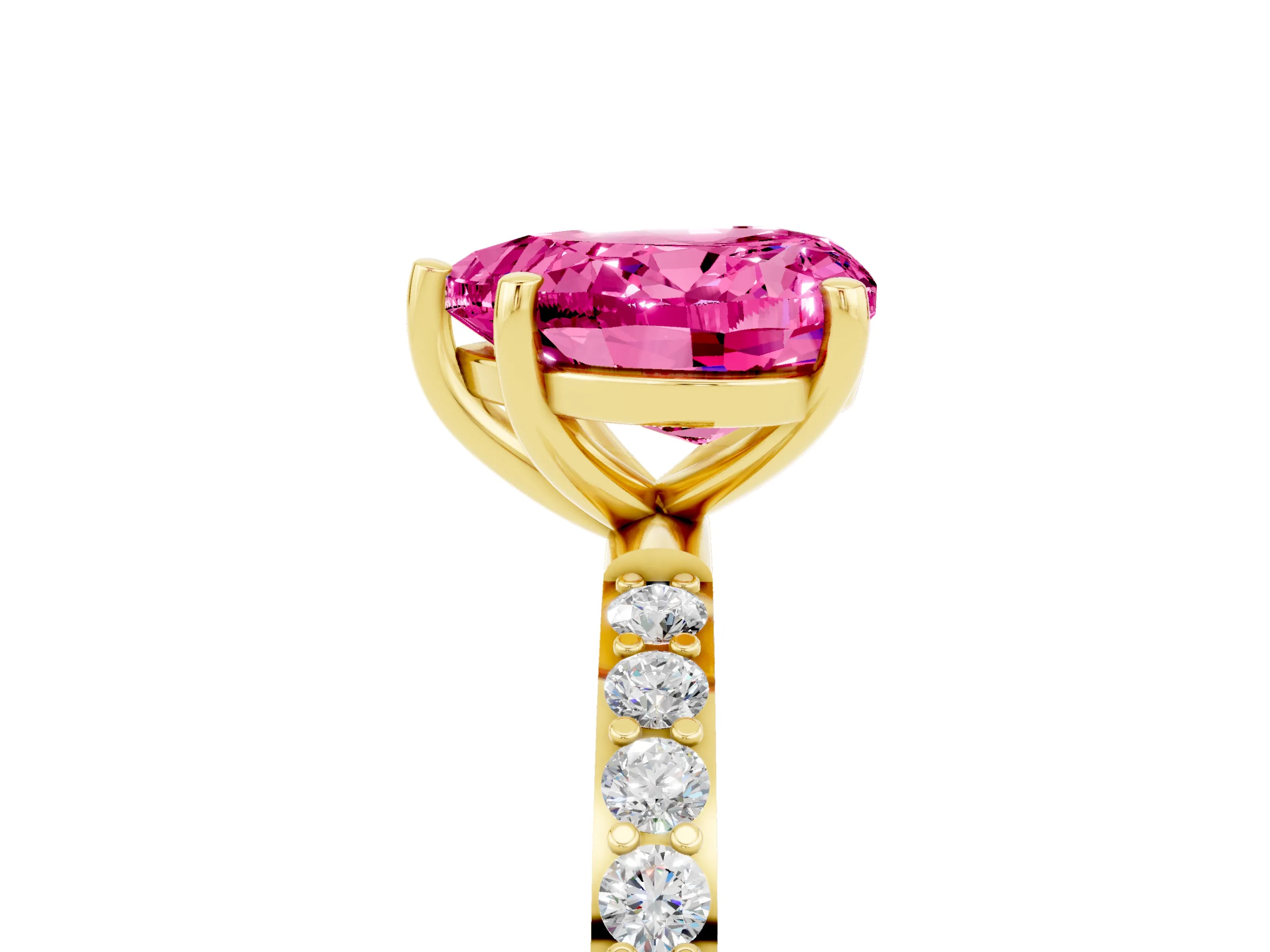 Yellow gold Heart Cut Pink Sapphire Solitaire Ring with Pave Band and Four Prong Setting_53