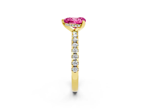 Yellow gold Heart Cut Pink Sapphire Solitaire Ring with Round Pavé Band and Four-Prong Setting