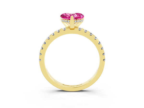 Yellow gold Heart Cut Pink Sapphire Solitaire Ring with Round Pavé Band and Four-Prong Setting