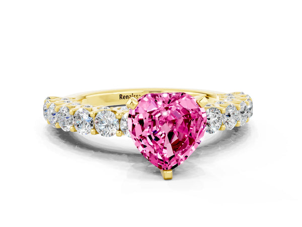 Yellow gold Heart Cut Pink Sapphire Solitaire Ring with Shared Prong Pavé Band and Four-Prong Setting
