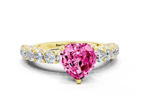 Yellow gold Heart Cut Pink Sapphire Solitaire Ring with Shared Prong Pavé Band and Four-Prong Setting_12