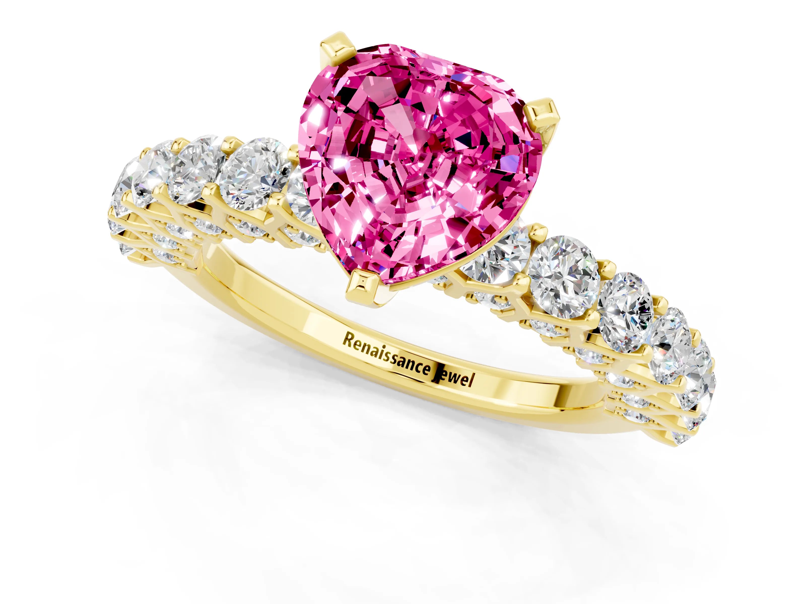 Yellow gold Heart Cut Pink Sapphire Solitaire Ring with Shared Prong Pavé Band and Four-Prong Setting_13