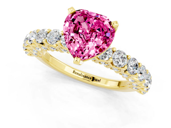 Yellow gold Heart Cut Pink Sapphire Solitaire Ring with Shared Prong Pavé Band and Four-Prong Setting