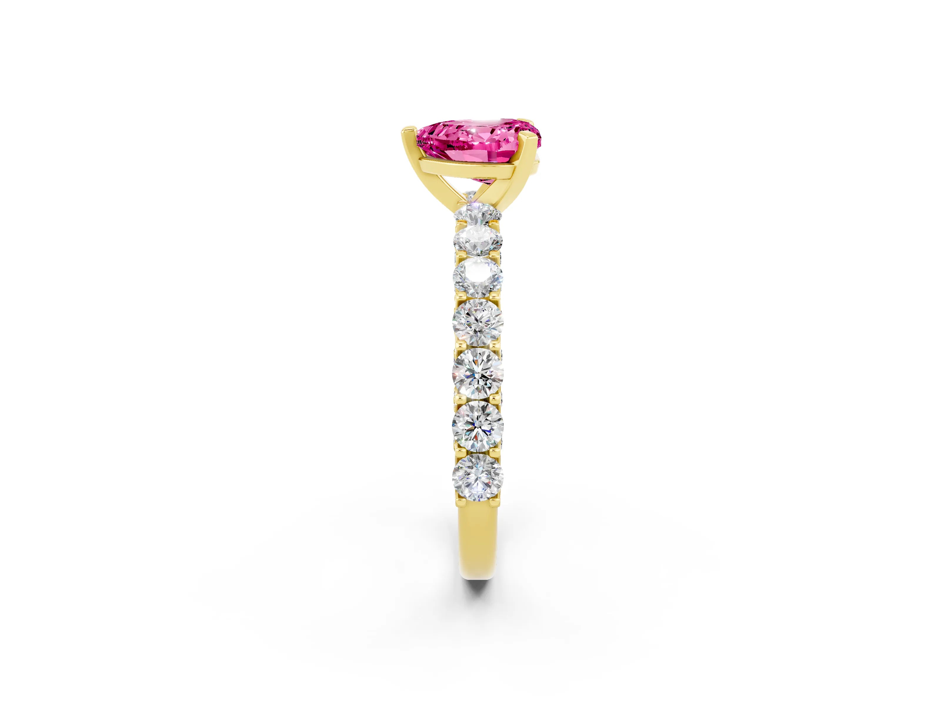 Yellow gold Heart Cut Pink Sapphire Solitaire Ring with Shared Prong Pavé Band and Four-Prong Setting_14