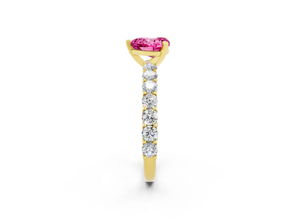 Yellow gold Heart Cut Pink Sapphire Solitaire Ring with Shared Prong Pavé Band and Four-Prong Setting