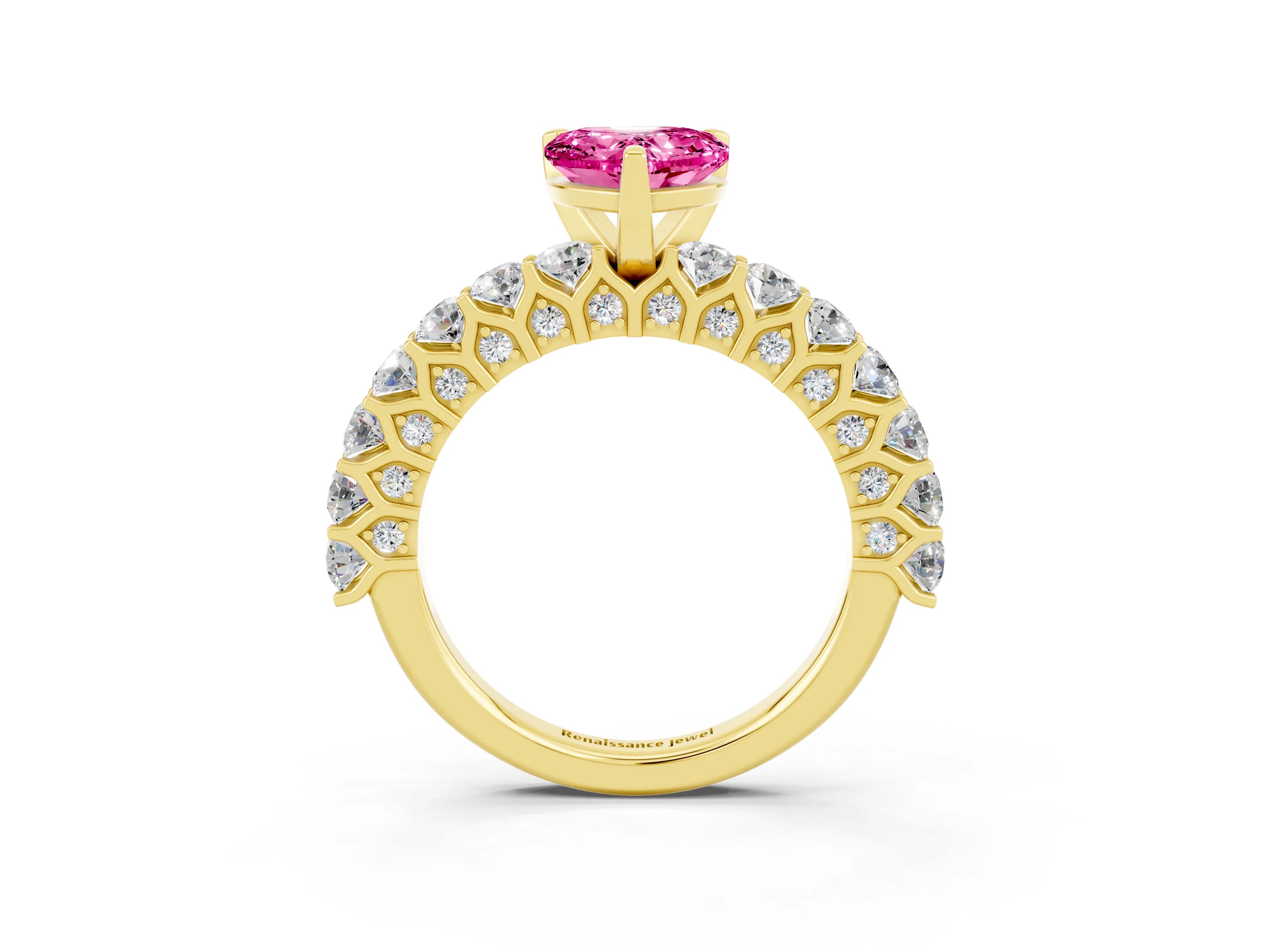 Yellow gold Heart Cut Pink Sapphire Solitaire Ring with Shared Prong Pavé Band and Four-Prong Setting_15