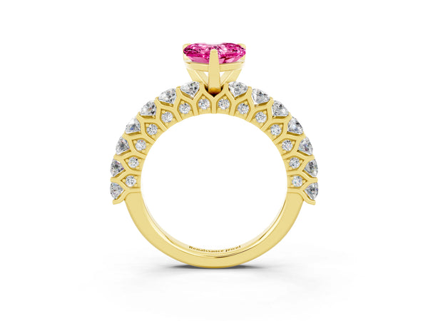 Yellow gold Heart Cut Pink Sapphire Solitaire Ring with Shared Prong Pavé Band and Four-Prong Setting