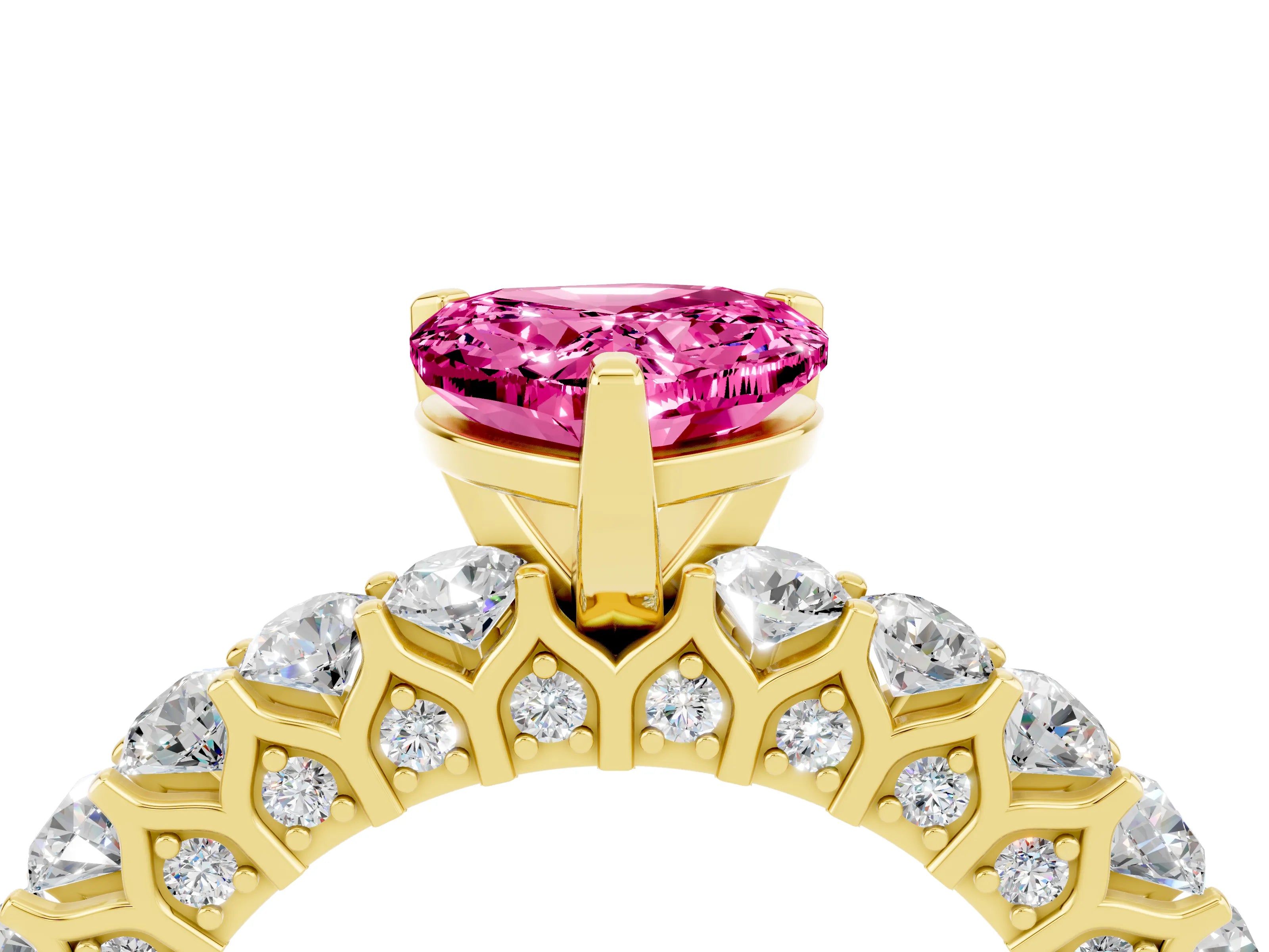 Yellow gold Heart Cut Pink Sapphire Solitaire Ring with Shared Prong Pavé Band and Four-Prong Setting_16