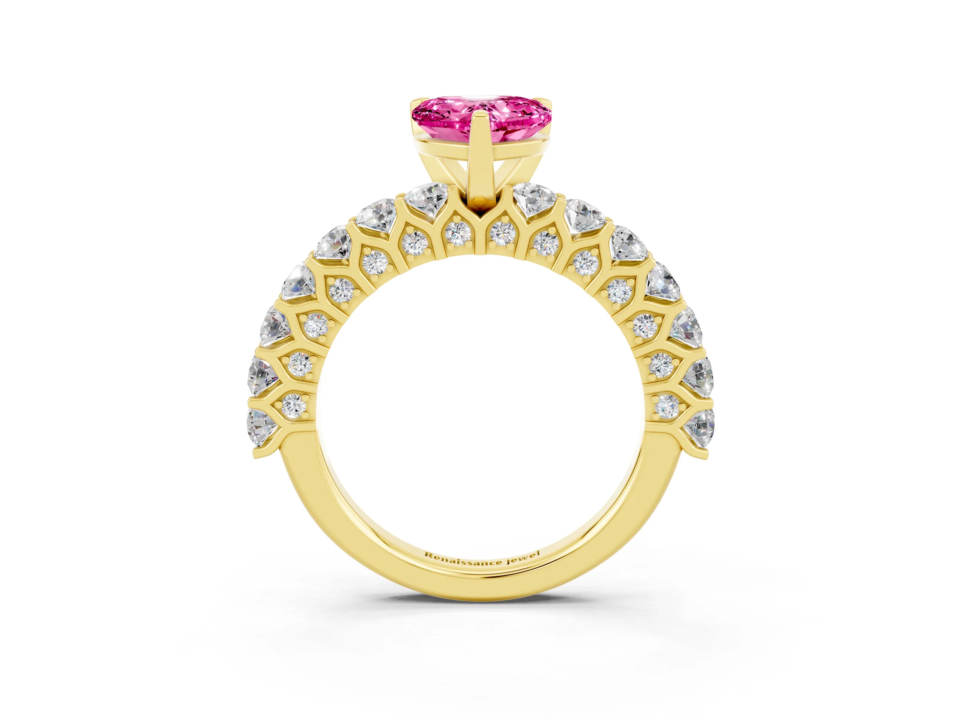 Yellow gold Heart Cut Pink Sapphire Solitaire Ring with Shared Prong Pavé Band and Four-Prong Setting_3