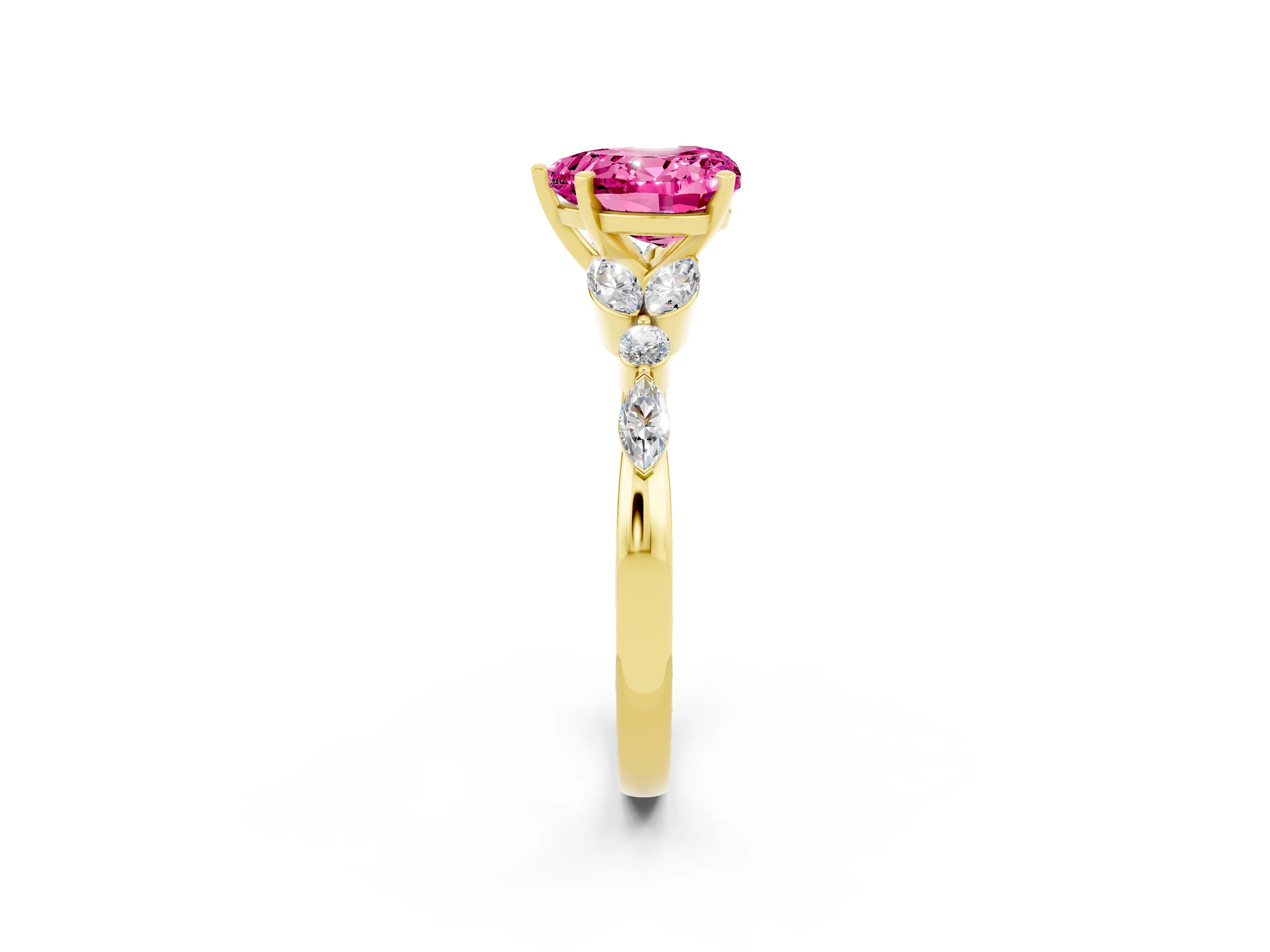 Yellow gold Heart Cut Pink Sapphire Solitaire Ring with Side Stones and Four-Prong Setting_14