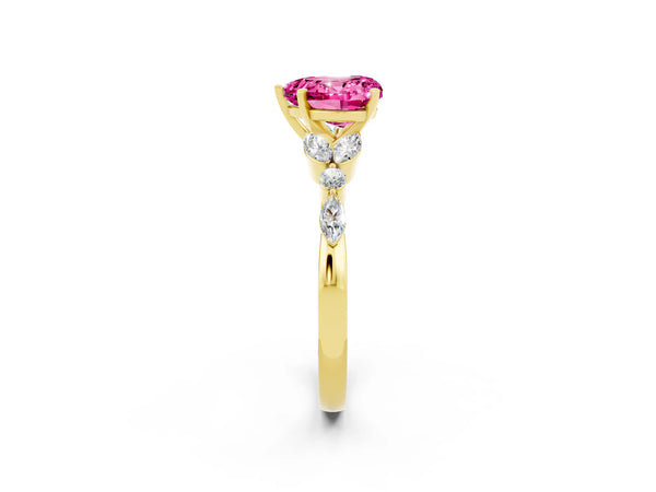 Yellow gold Heart Cut Pink Sapphire Solitaire Ring with Side Stones and Four-Prong Setting