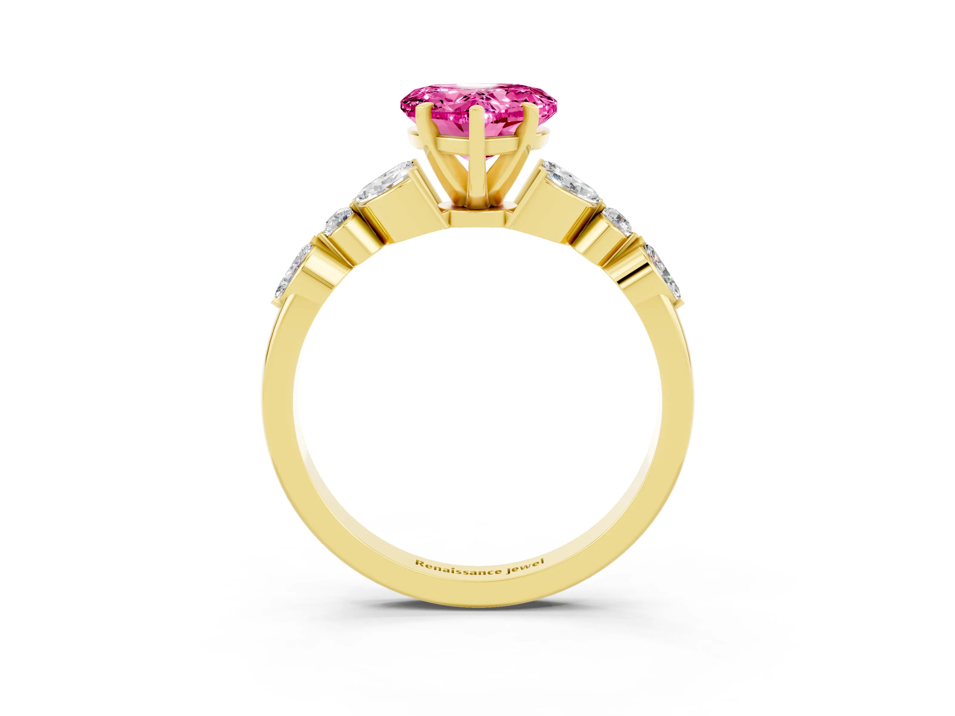 Yellow gold Heart Cut Pink Sapphire Solitaire Ring with Side Stones and Four-Prong Setting_15