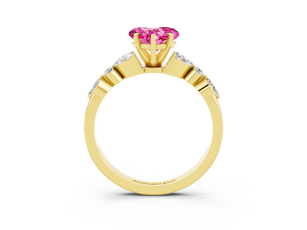 Yellow gold Heart Cut Pink Sapphire Solitaire Ring with Side Stones and Four-Prong Setting