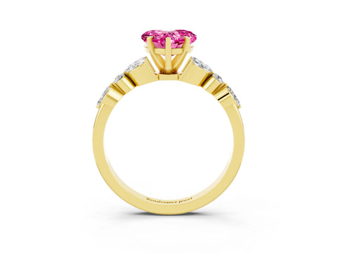 Yellow gold Heart Cut Pink Sapphire Solitaire Ring with Side Stones and Four-Prong Setting_15