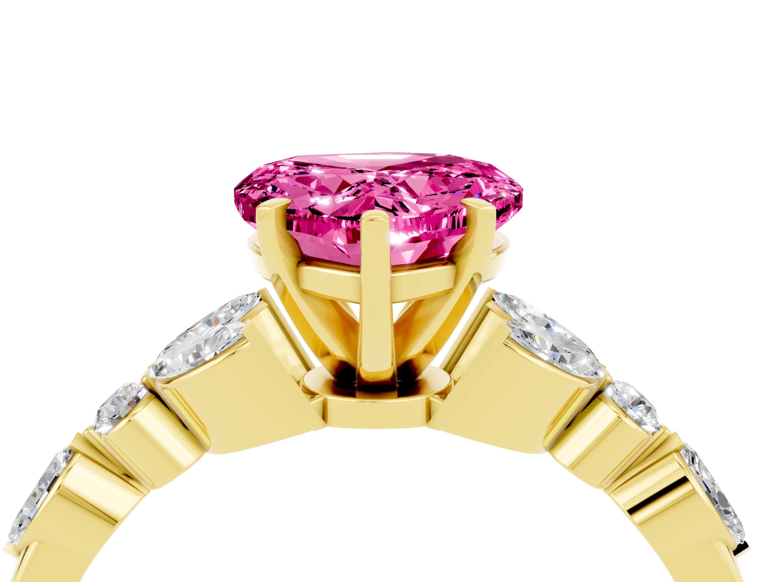 Yellow gold Heart Cut Pink Sapphire Solitaire Ring with Side Stones and Four-Prong Setting_16