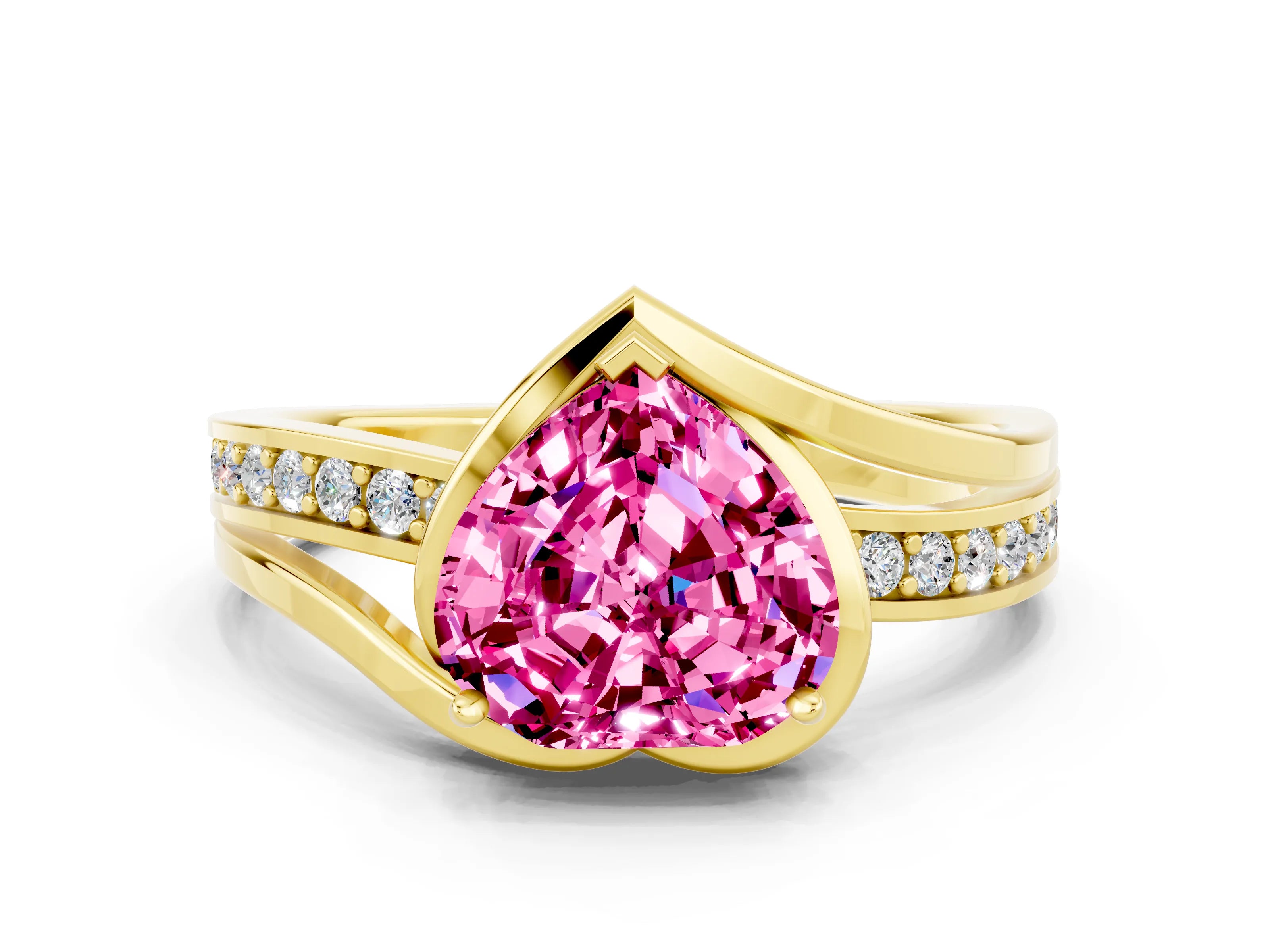 Yellow gold Heart Cut Pink Sapphire Solitaire Ring with Split Shank and Prong Setting