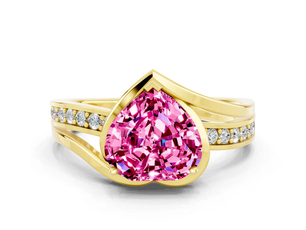 Yellow gold Heart Cut Pink Sapphire Solitaire Ring with Split Shank and Prong Setting