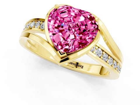 Yellow gold Heart Cut Pink Sapphire Solitaire Ring with Split Shank and Prong Setting_1